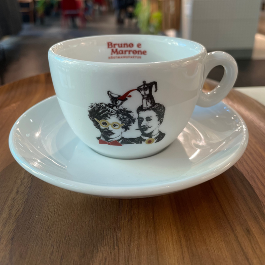 Cappuccinotasse weiß mit Untertasse und Bruno e Marrone Logo
