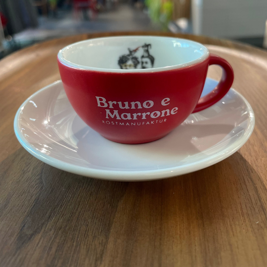 Espressotasse rot und Untertasse mit Bruno e Marrone Logo